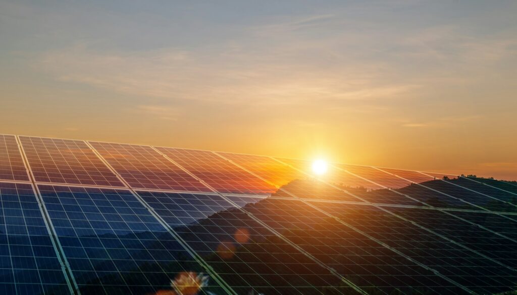 Environmental sustainable energy concept. Solar panels clean energy generating electricity.